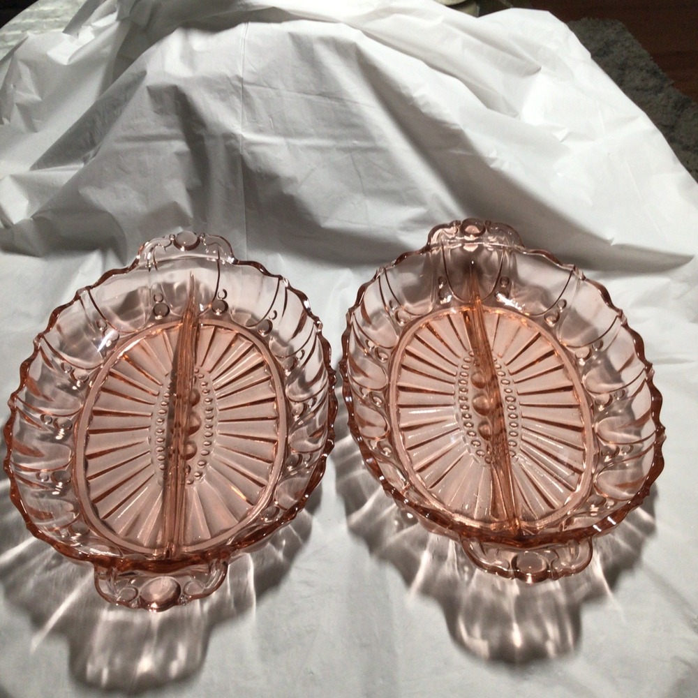 2 Anchor Hocking oyster & pearl Divided relish dishes- pink depression glass